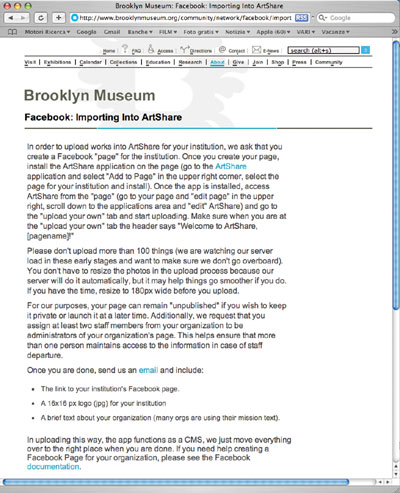 Le istruzioni impartite dal Brooklin Museum per “uploadare” le opere del museo nel proprio profilo Facebook attraverso l’applicazione ArtShare