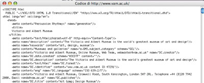 Esempio di utilizzo del Dublin Core nella homepage del sito web del Victoria & Albert Museum