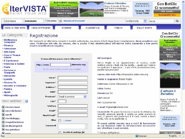 schermata di registrazione del sito altervista.org