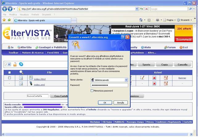 schermata del pannello di accesso a mysql con finestra per inserire i parametri di accesso
