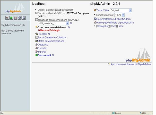 schermata del pannello di controllo di phpmyadmin