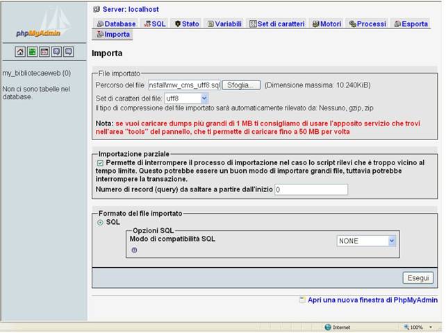 schermata di phpmyadmin
