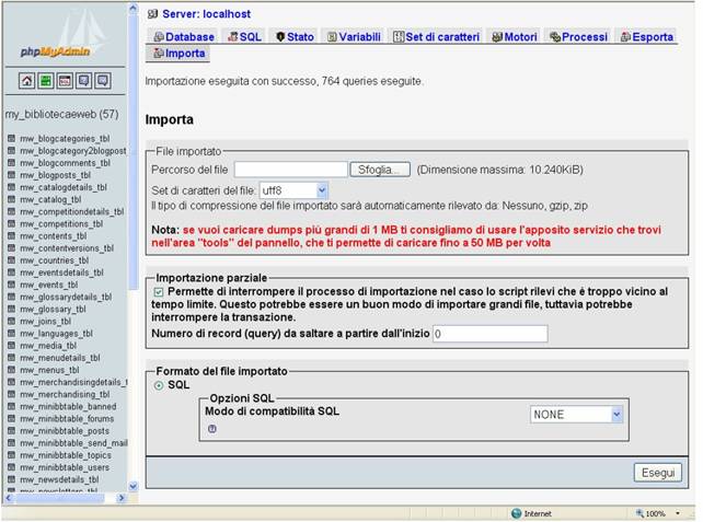 schermata di phpmyadmin